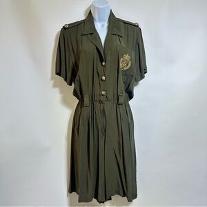 Vintage S.L. Fashions army olive green gold crest military shorts romper